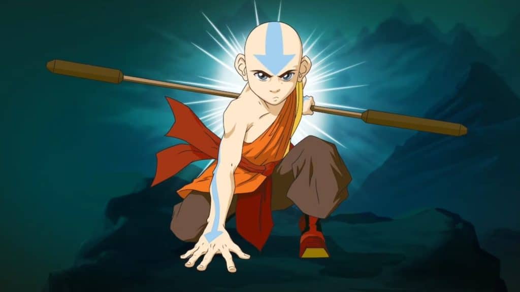 Still image from the animated TV series "Avatar: The Last Airbender" featuring Aang crouched and holding a staff. 