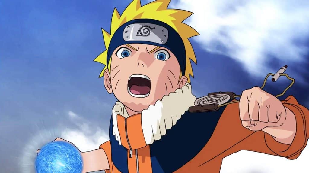 A still image from the anime TV series "Naruto" featuring Naruto Uzumaki rearing back to throw a Rasengan. 